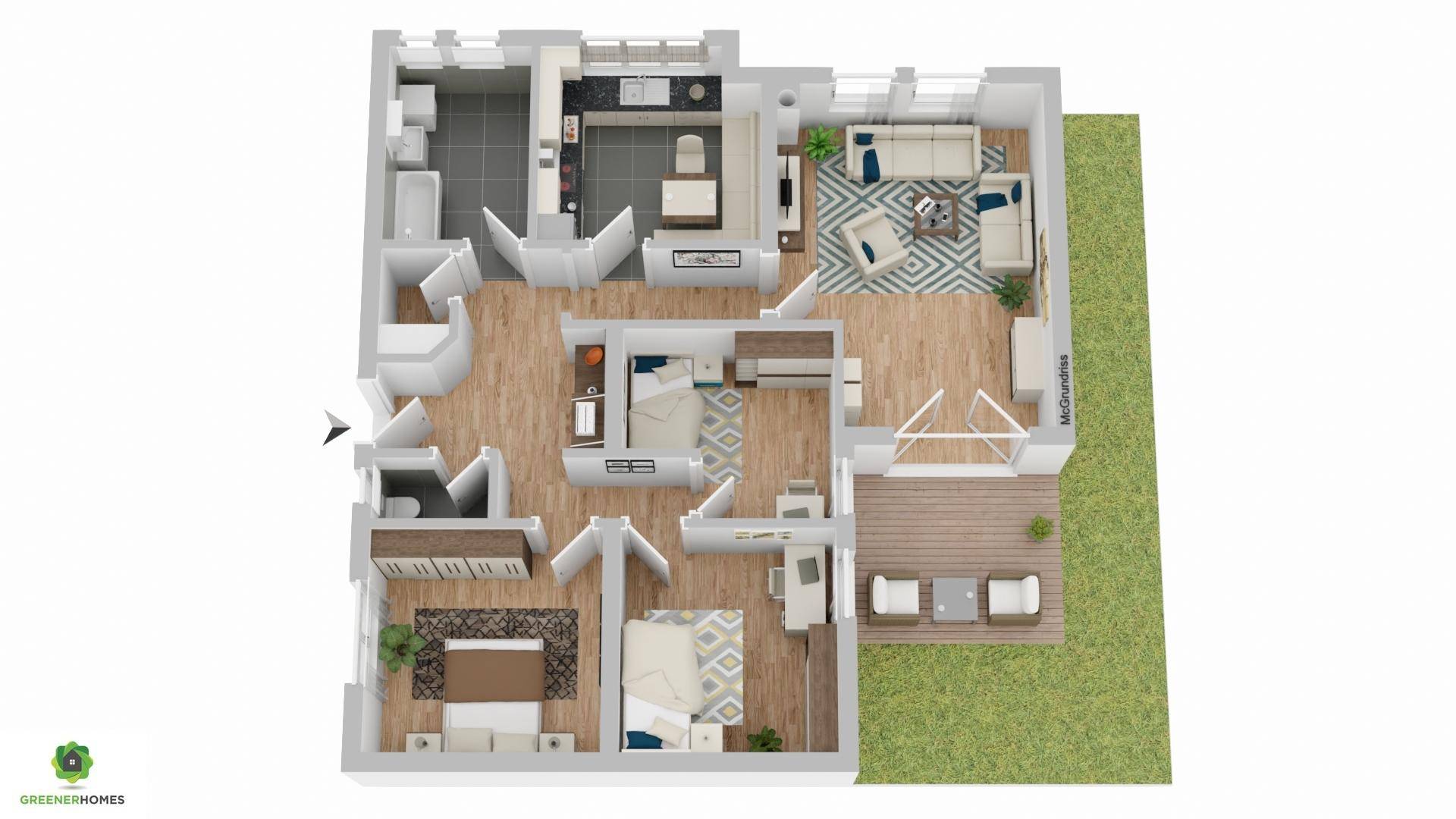 Detaillierter Grundriss einer Wohnung mit offenem Wohnbereich, mehreren Zimmern und Balkon.