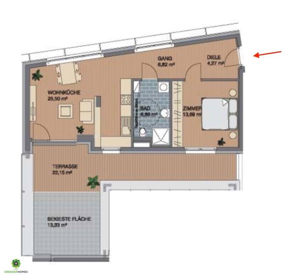 Grundriss einer Wohnung mit Wohnküche, Schlafzimmer, Bad und großer Terrasse.