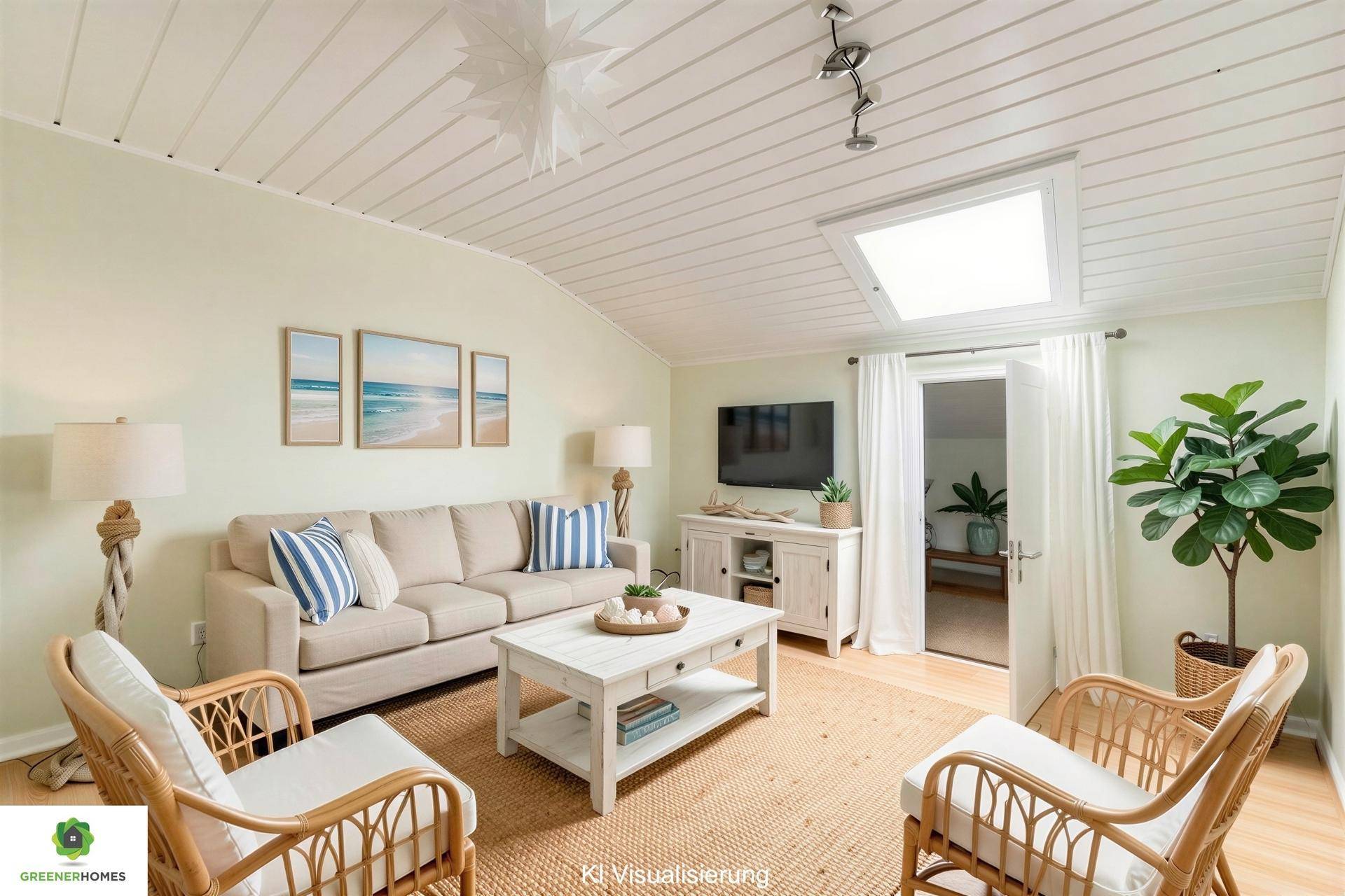 Helles Wohnzimmer mit Dachfenster, Holzboden und maritimer Dekoration in einem modernen Stil.