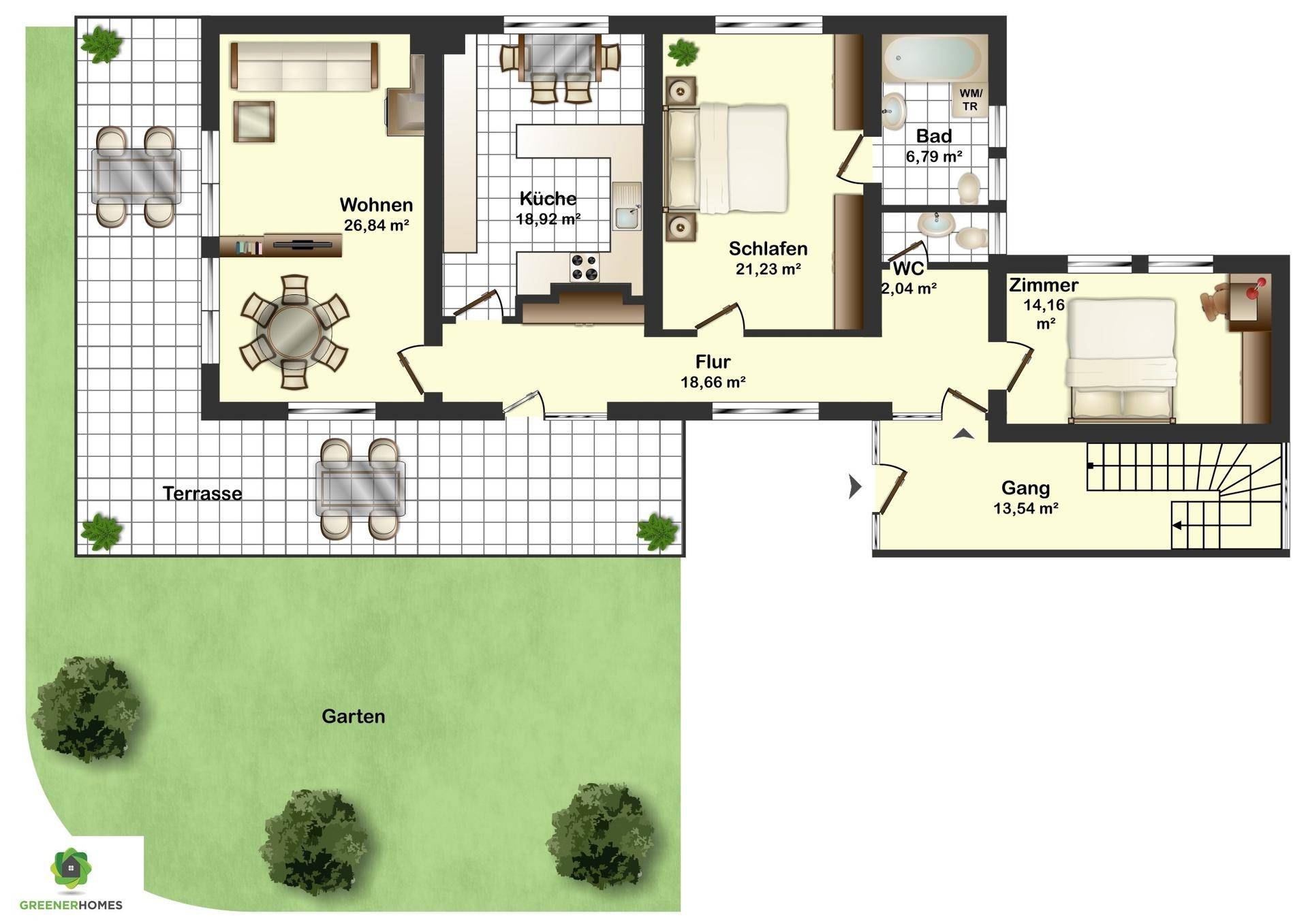 Grundriss der Wohnung mit Wohnzimmer, Küche, Schlafzimmern, Bad und Terrasse.