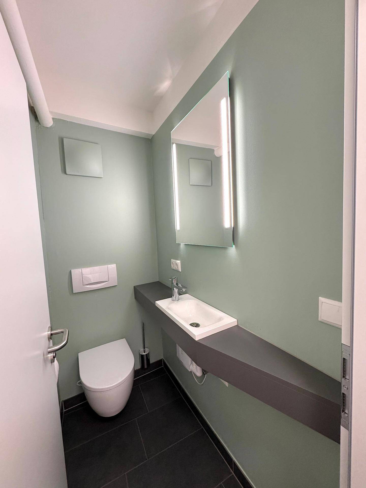 Modernes Badezimmer mit hellgrünen Wänden, dunklen Fliesen, einem wandhängenden WC und einem beleuchteten Spiegel.
