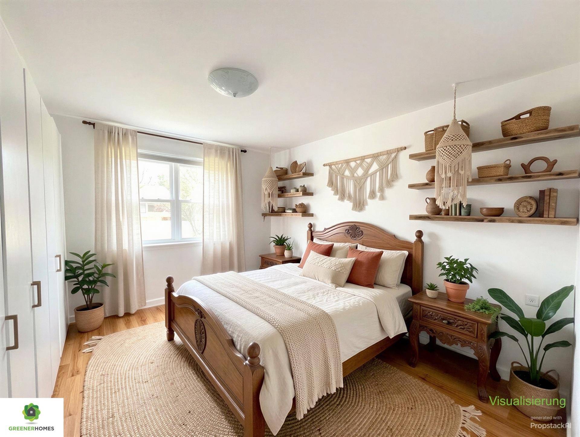 Gemütliches Schlafzimmer mit Holzbett, weißen Wänden, natürlichen Materialien und dekorativen Wandregalen.