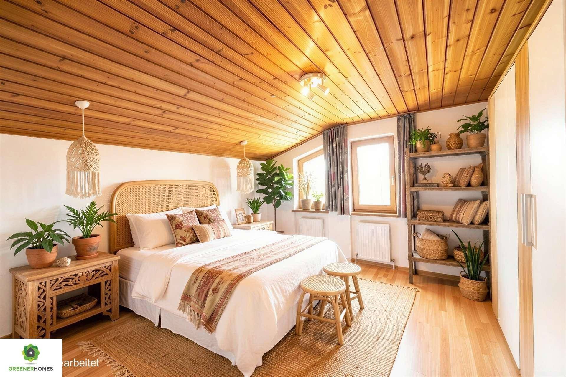 Gemütliches Schlafzimmer mit Holzbalkendecke, Rattanmöbeln und vielen Pflanzen für eine natürliche Atmosphäre.