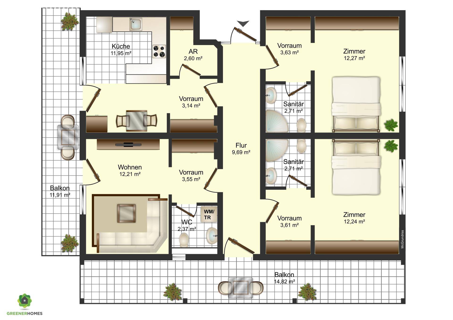 Grundriss einer Wohnung mit zwei Schlafzimmern, offener Küche und zwei Balkonen.