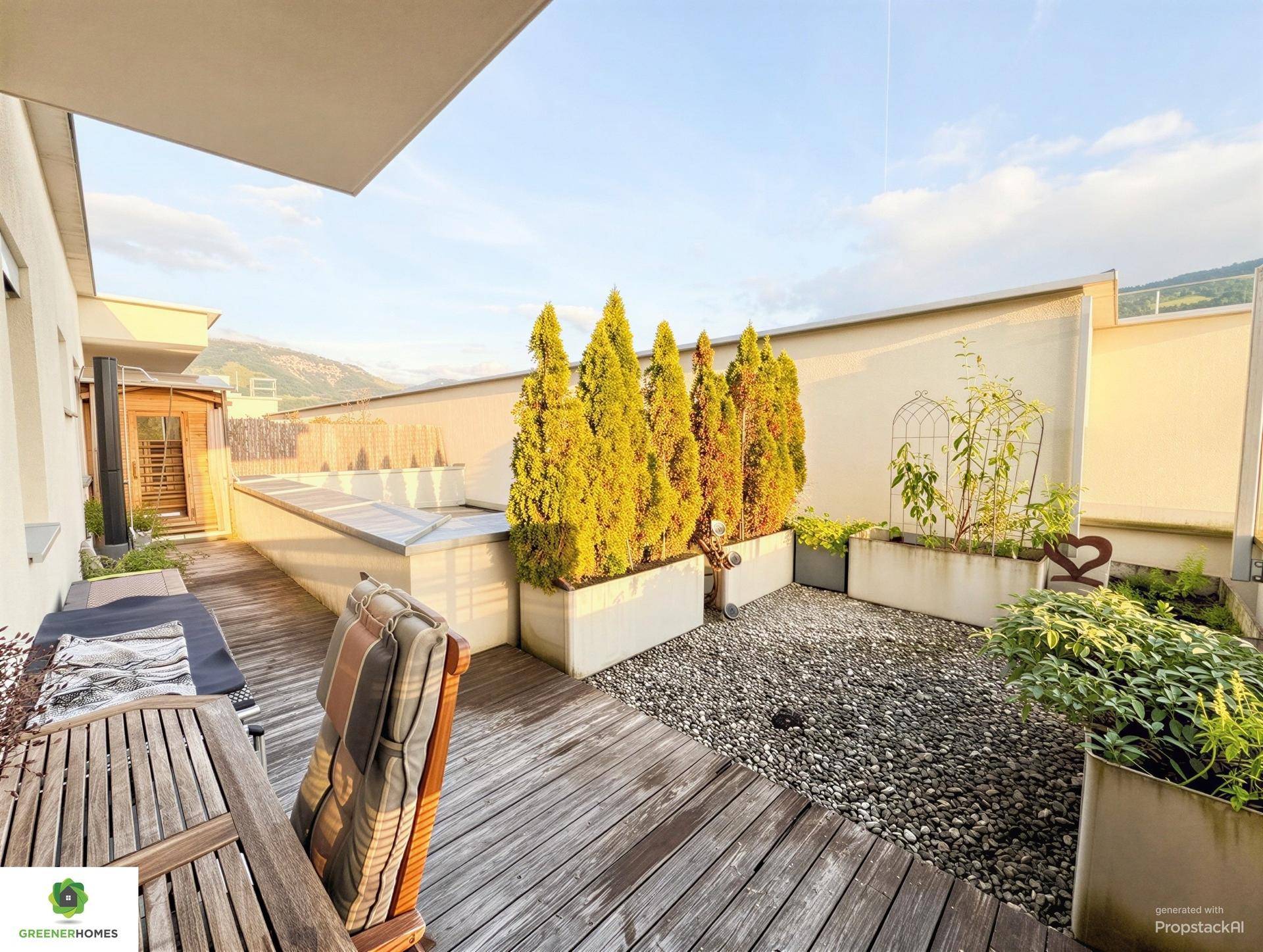 Geräumige Dachterrasse mit Holzbelag, Pflanzen und Sitzgelegenheiten, ideal zum Entspannen.