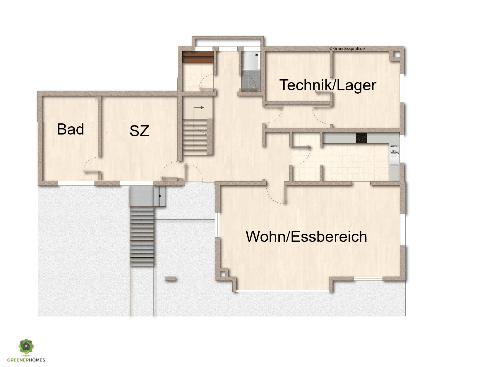 Grundriss des Erdgeschosses mit Wohn-/Essbereich, Bad, Schlafzimmer und Technikraum.