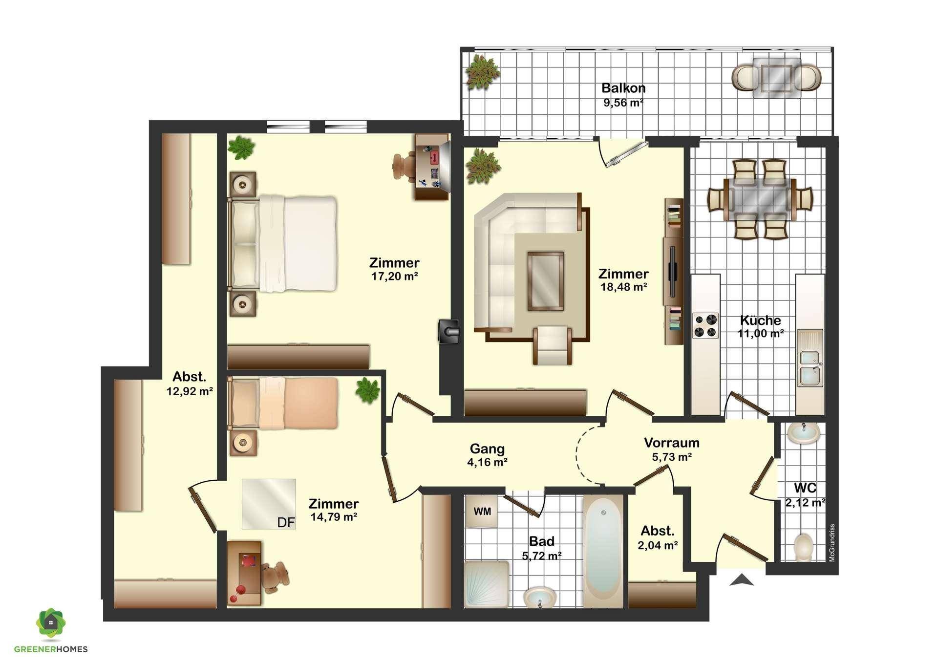 Detaillierter Grundriss einer Wohnung mit drei Zimmern, Balkon und separatem WC.