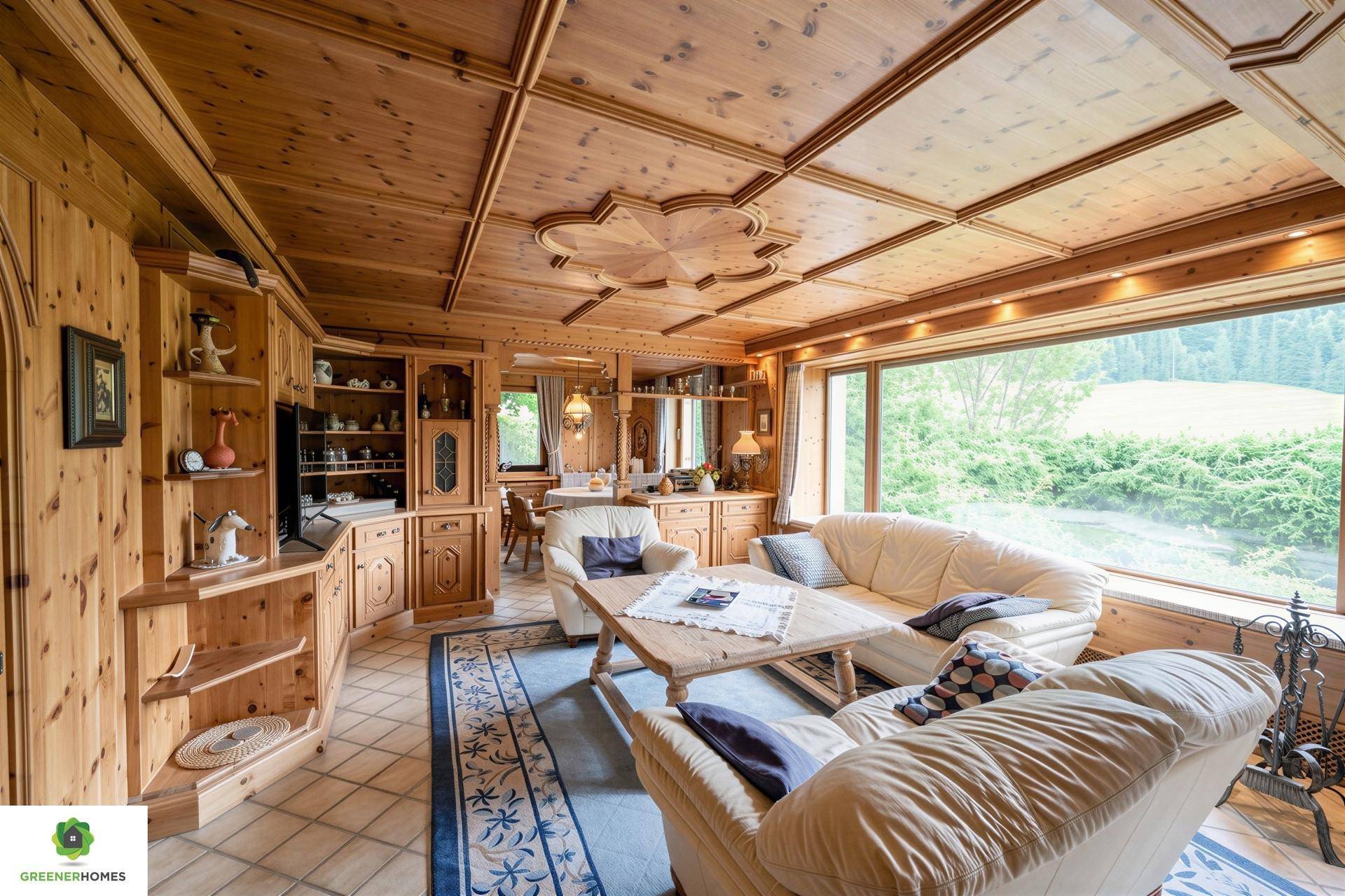 Traditionelles Wohnzimmer mit viel Holz, bequemen Sofas und einem weiten Blick ins Grüne.