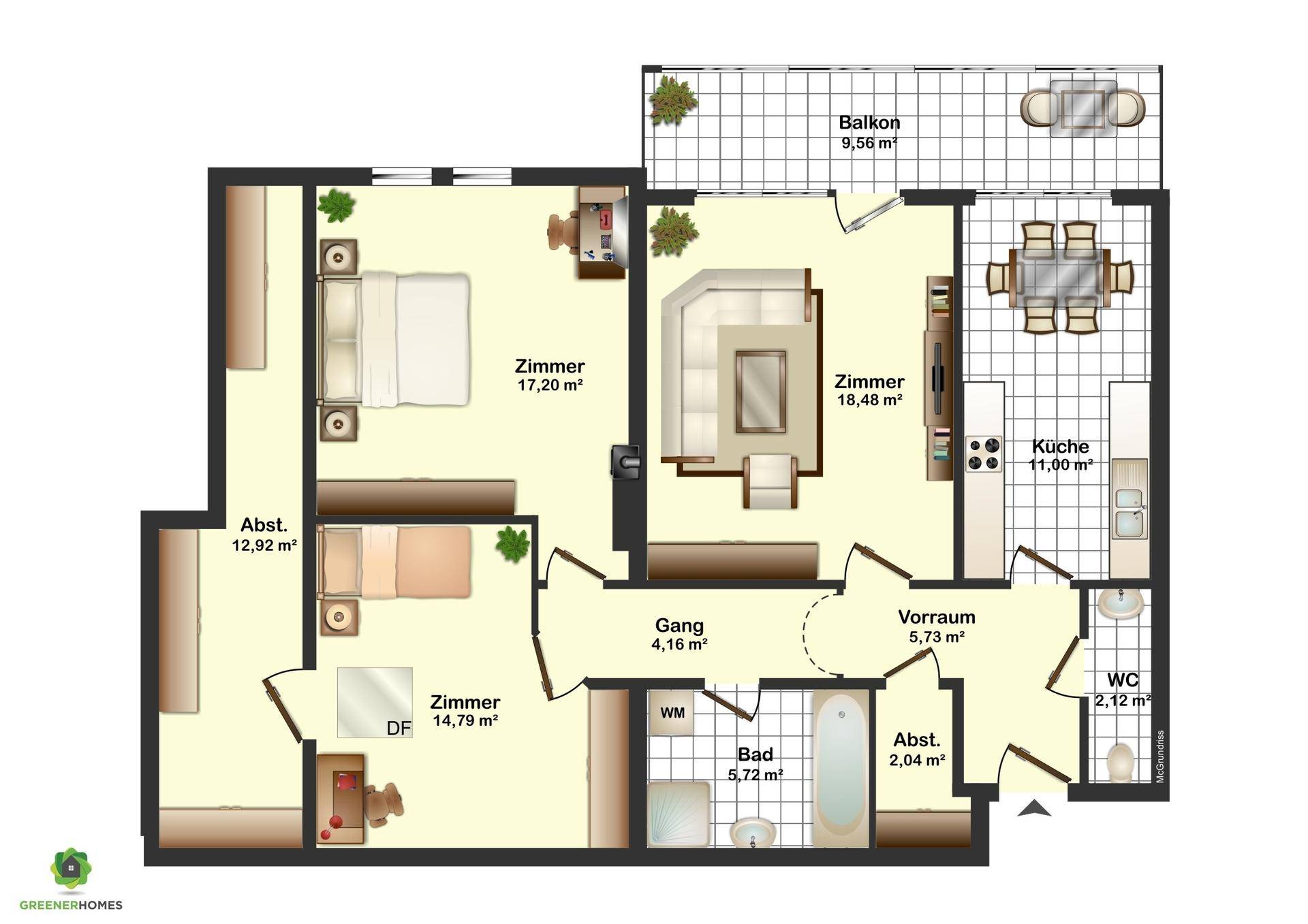 Detaillierter Grundriss einer Wohnung mit drei Zimmern, Bad, WC und Balkon.