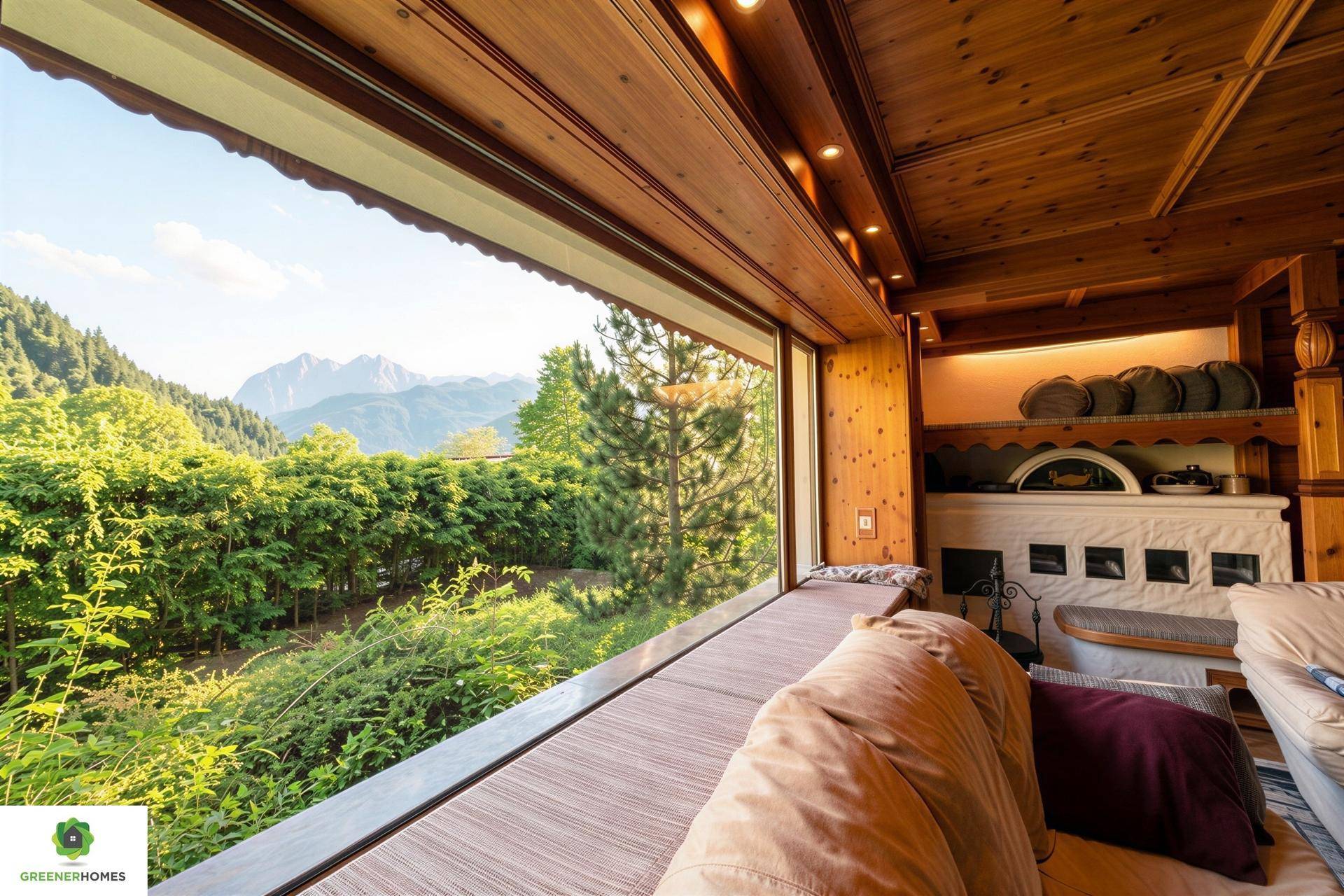 Gemütlicher Wohnbereich mit Holztäfelung und großem Fenster mit Bergblick.