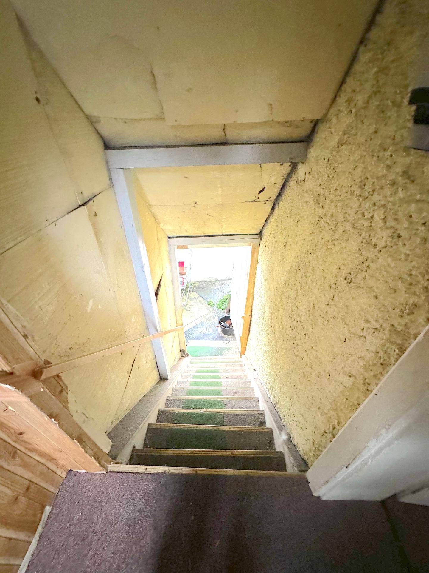 Treppenabgang mit Teppichstufen und rauen Wänden, der zu einem unteren Bereich führt.