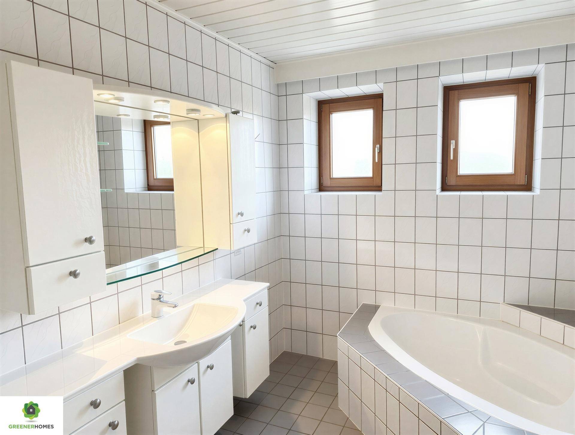 Modernes Badezimmer mit weißen Fliesen, Badewanne, Doppelwaschbecken und zwei Fenstern.