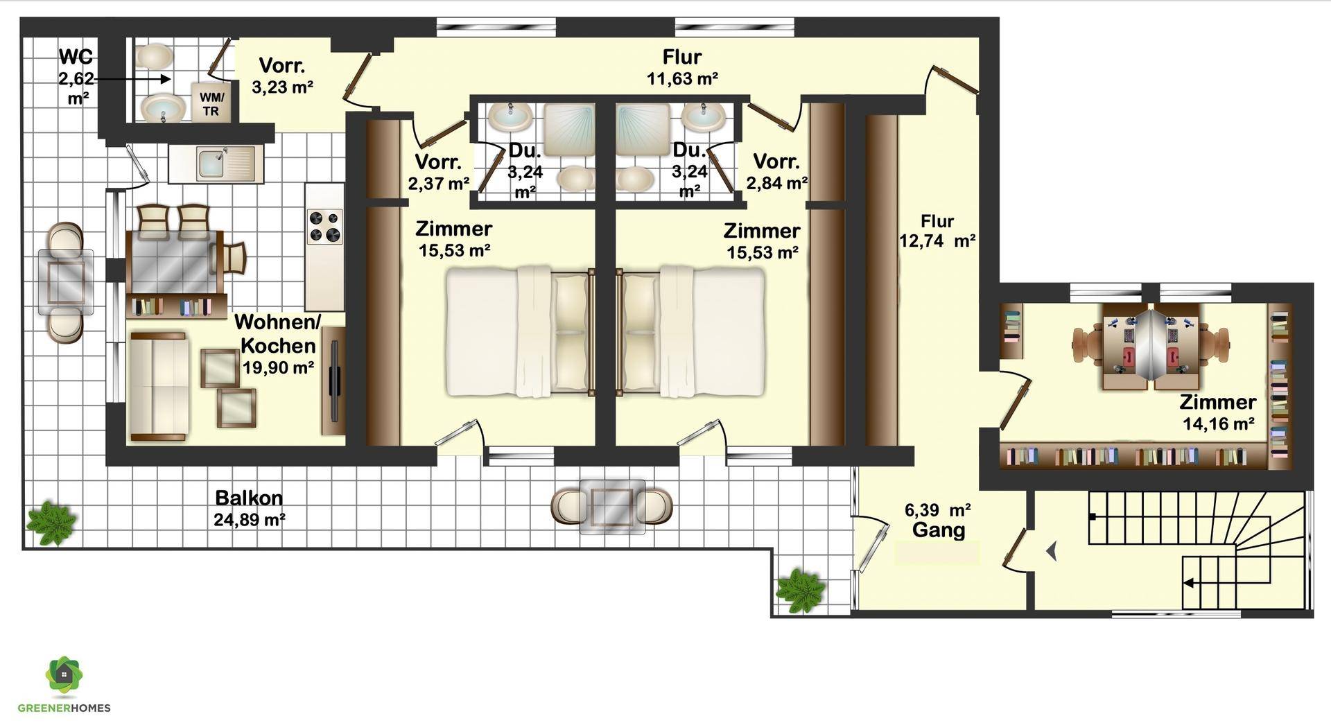 Detaillierter Grundriss mit Wohn-/Kochbereich, zwei Schlafzimmern, Bädern und großem Balkon.