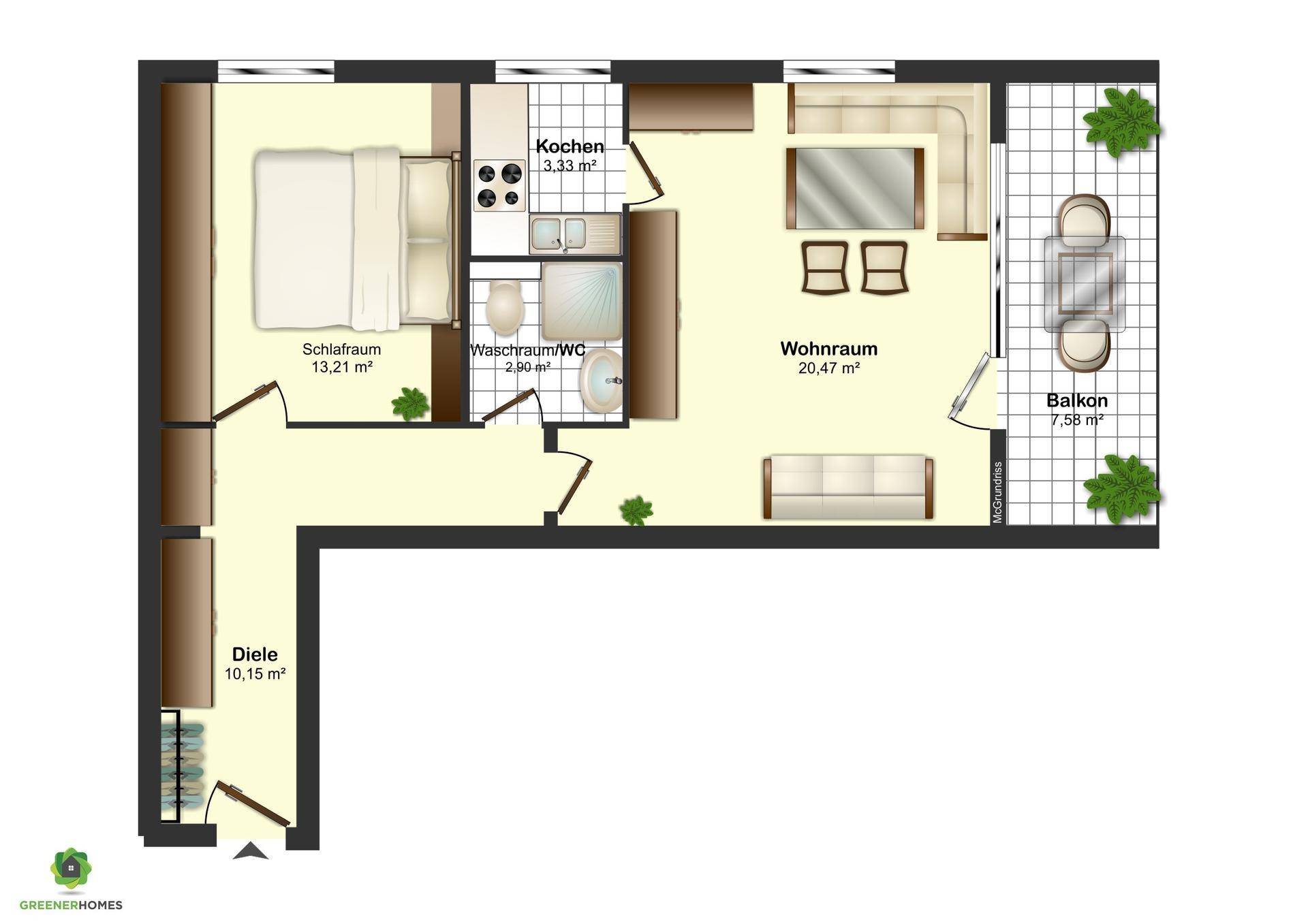 Detaillierter Grundriss einer Wohnung mit Schlafzimmer, Wohnraum, Küche, Bad und Balkon.