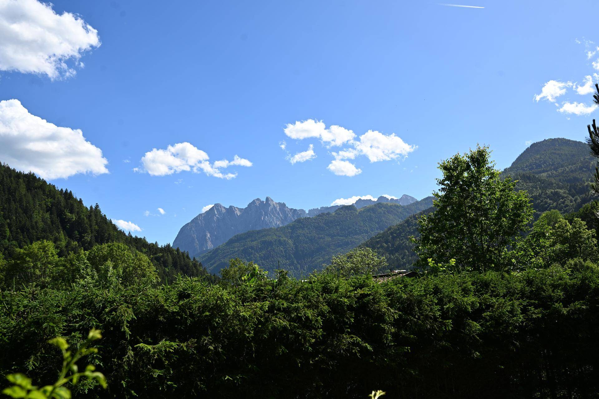 Panoramablick auf majestätische Berge und üppige grüne Wälder unter blauem Himmel.