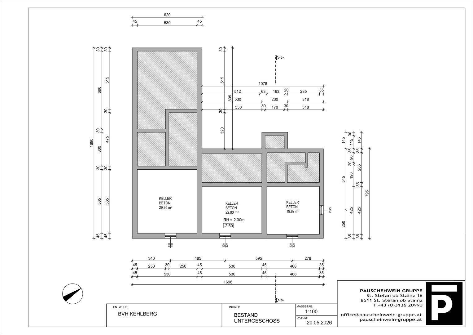 Grundriss des Bestands-Untergeschosses mit Kellerräumen und Bemaßungen.
