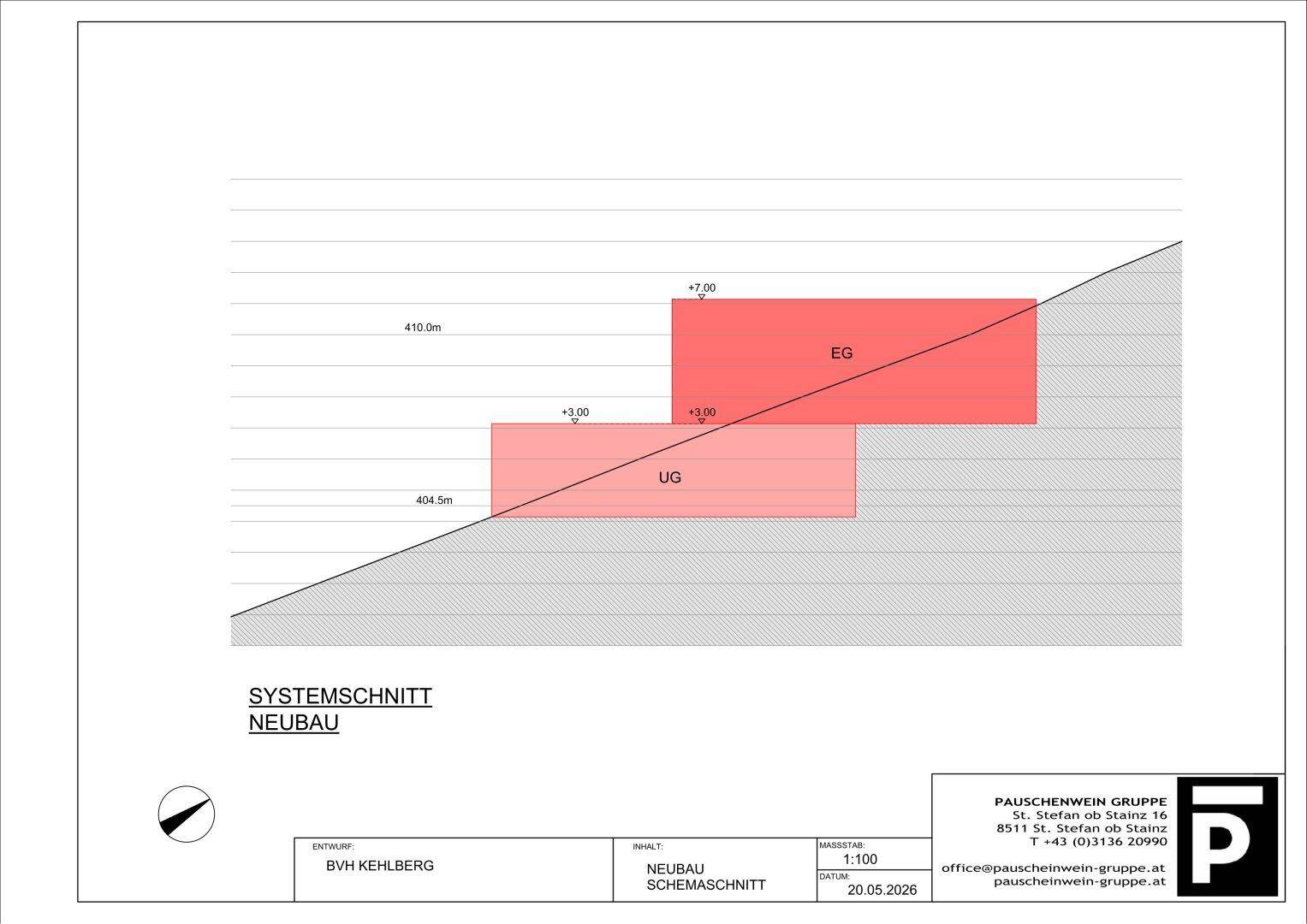 Schematischer Schnitt des Neubaus zeigt die Ebenen Erdgeschoss und Untergeschoss.