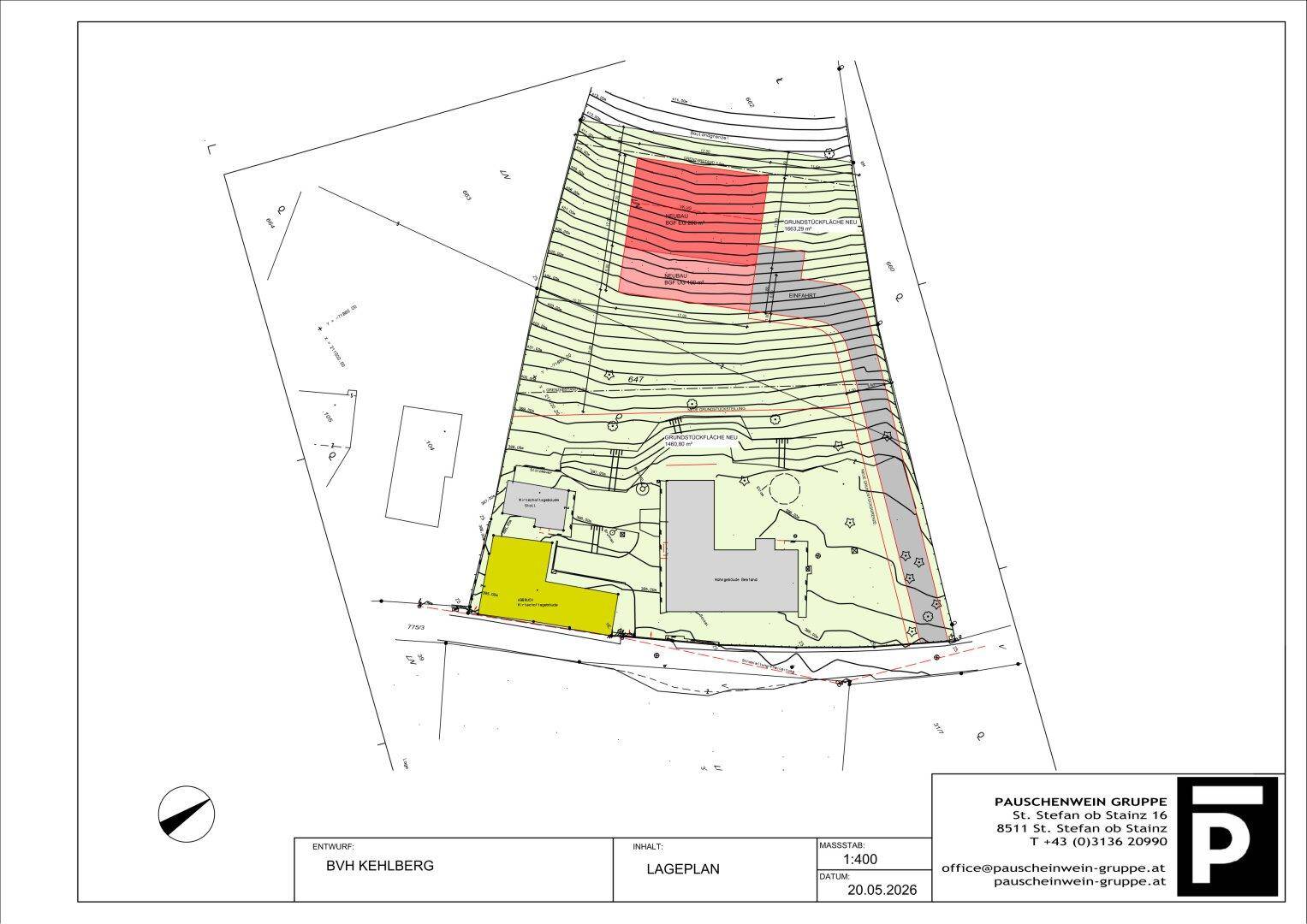 Lageplan des Grundstücks mit Bestandsgebäuden und potenziellen Neubauflächen.
