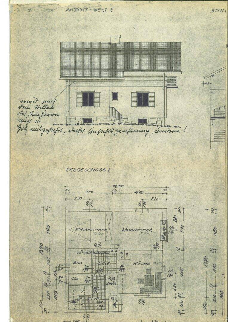 Architektonischer Grundriss des Erdgeschosses mit Ansicht der Westseite des Hauses.