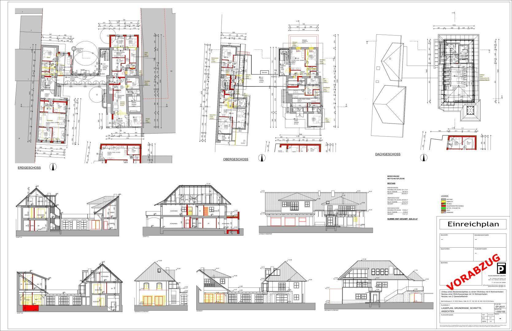 Übersicht der Grundrisse und Schnitte eines Gebäudekomplexes mit mehreren Wohneinheiten und Dachgeschossen.