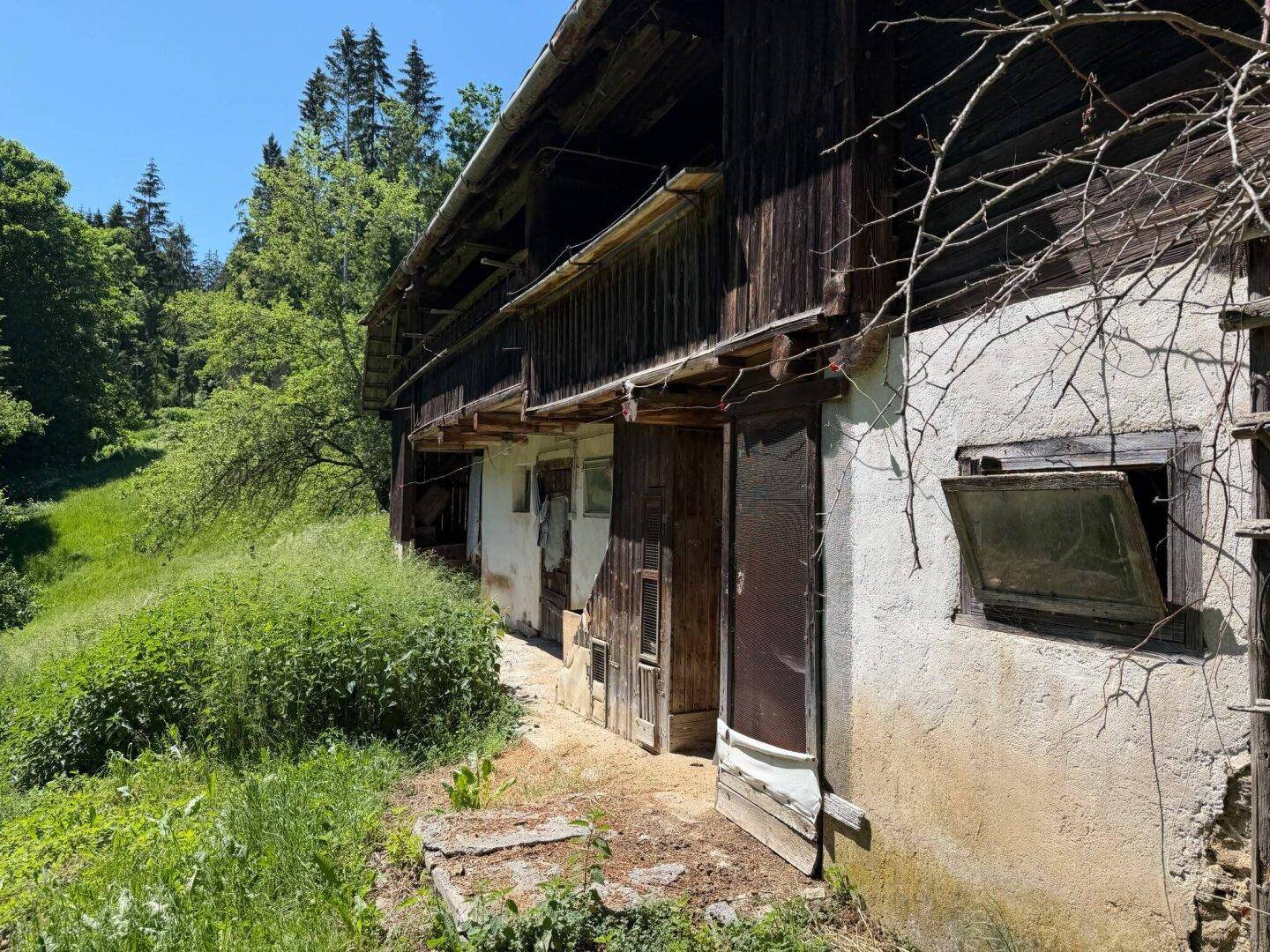 Alte, rustikale Scheune mit Holzbalkonen und überwucherter Vegetation.