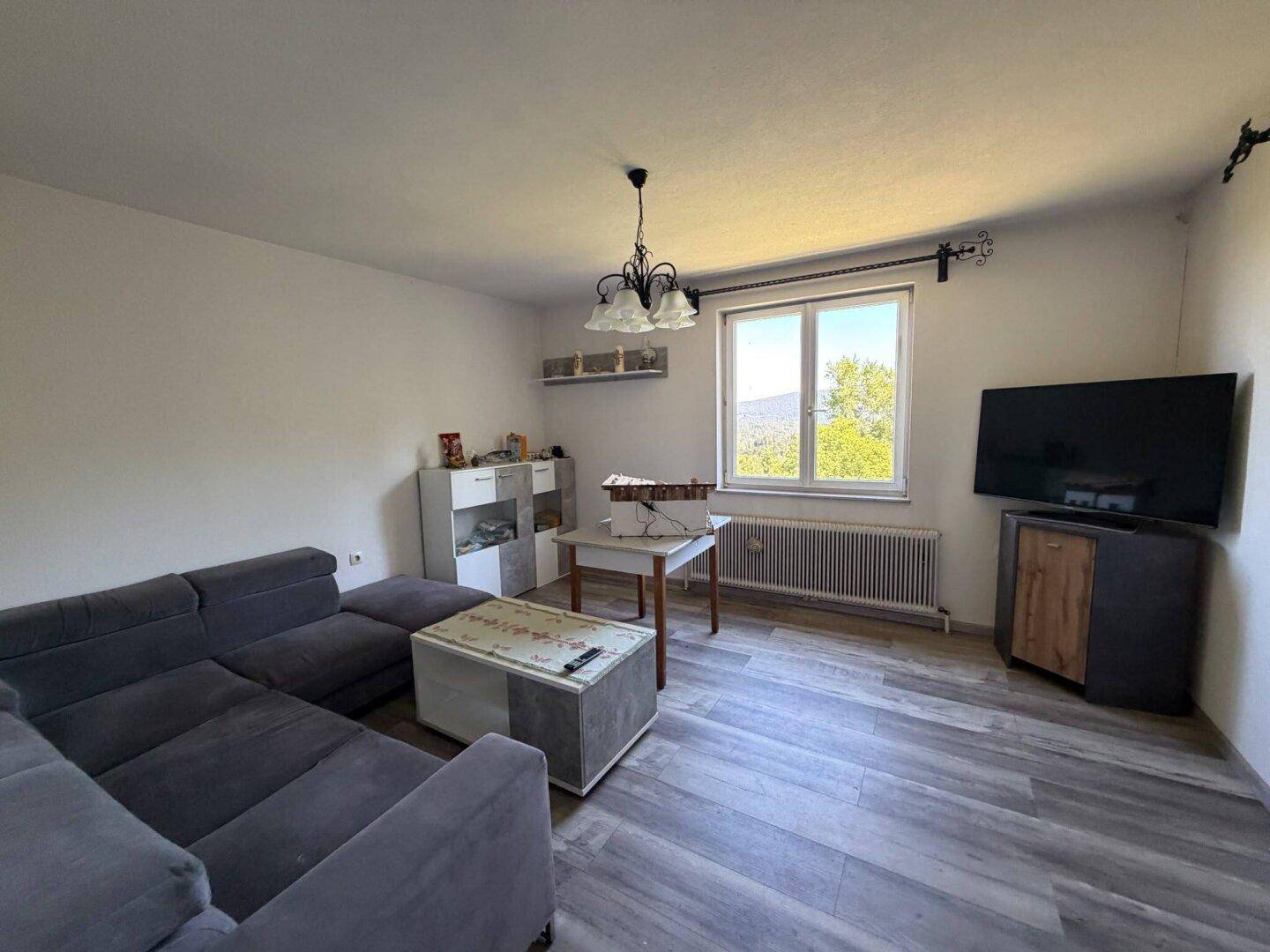 Helles Wohnzimmer mit modernem Laminatboden, Sofa und Blick ins Grüne.