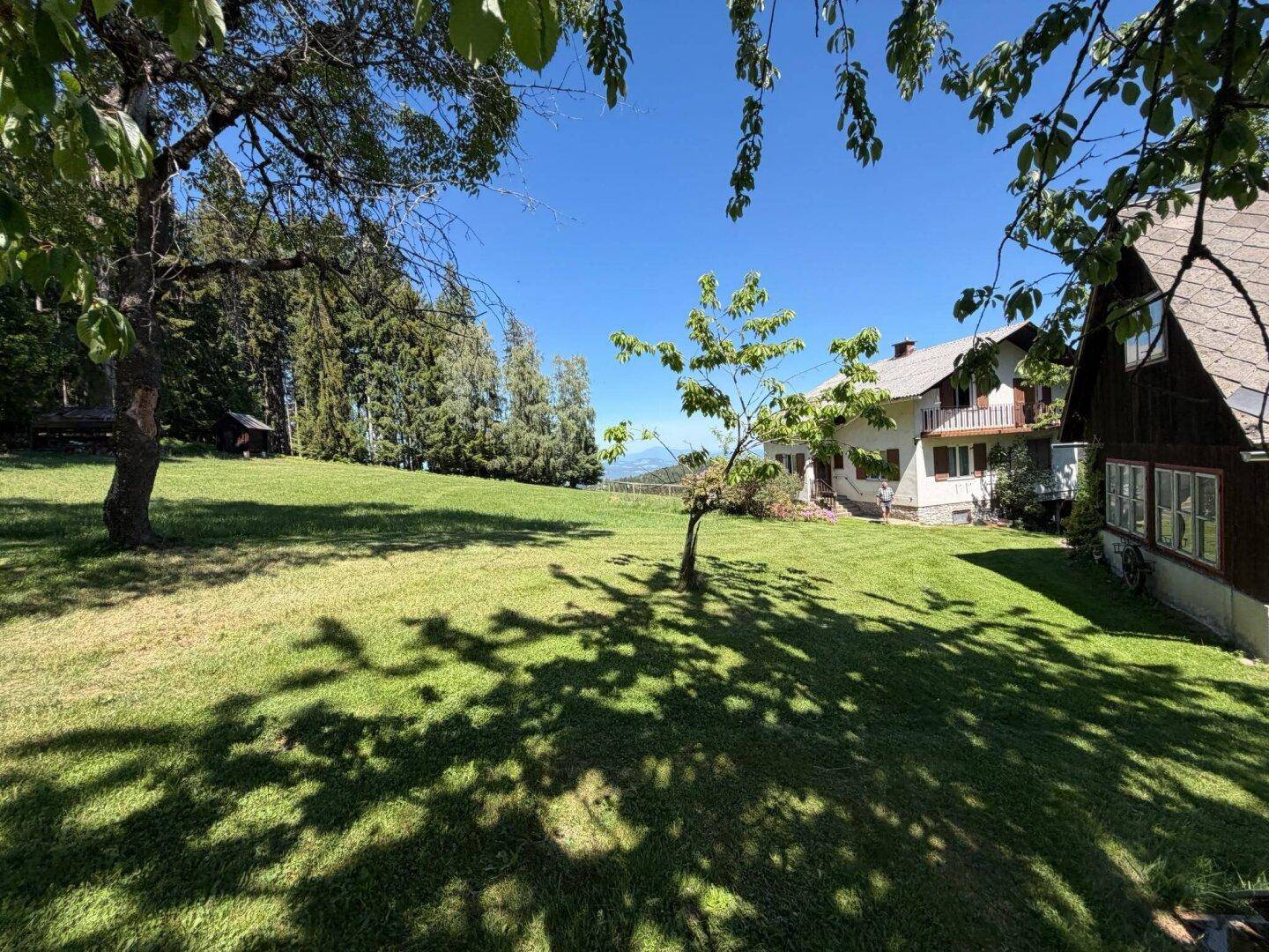 Weitläufiger Gartenbereich mit Rasenfläche und Bäumen, im Hintergrund ein Haus.