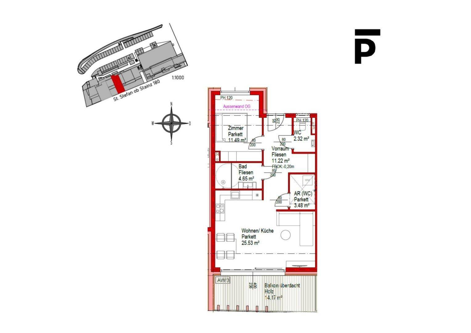 Detaillierter Grundriss einer Wohnung mit Wohnküche, Schlafzimmer und Balkon.