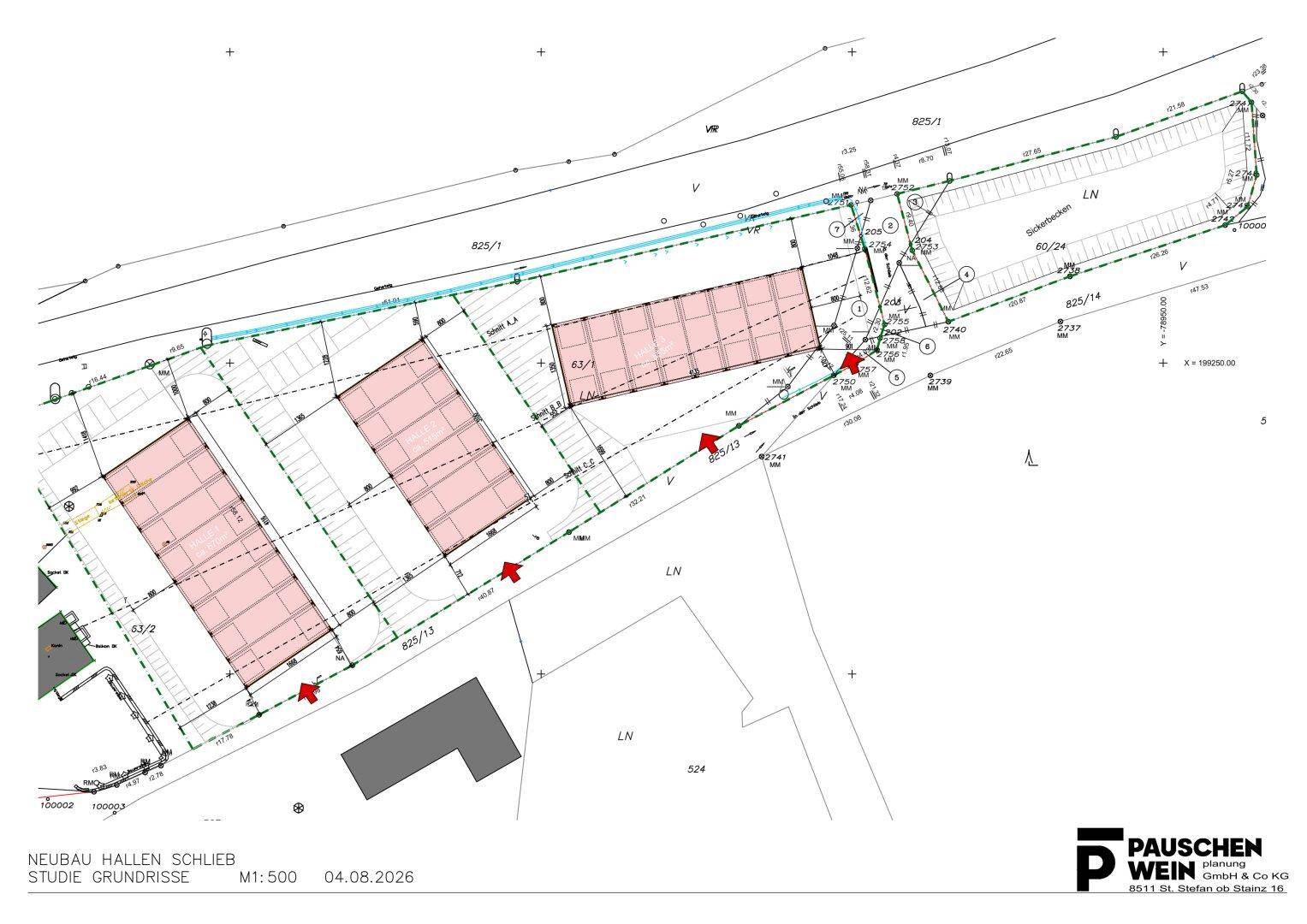 Grundrissplan für den Neubau von Hallen mit detaillierten Gebäudestrukturen und Parkflächen.