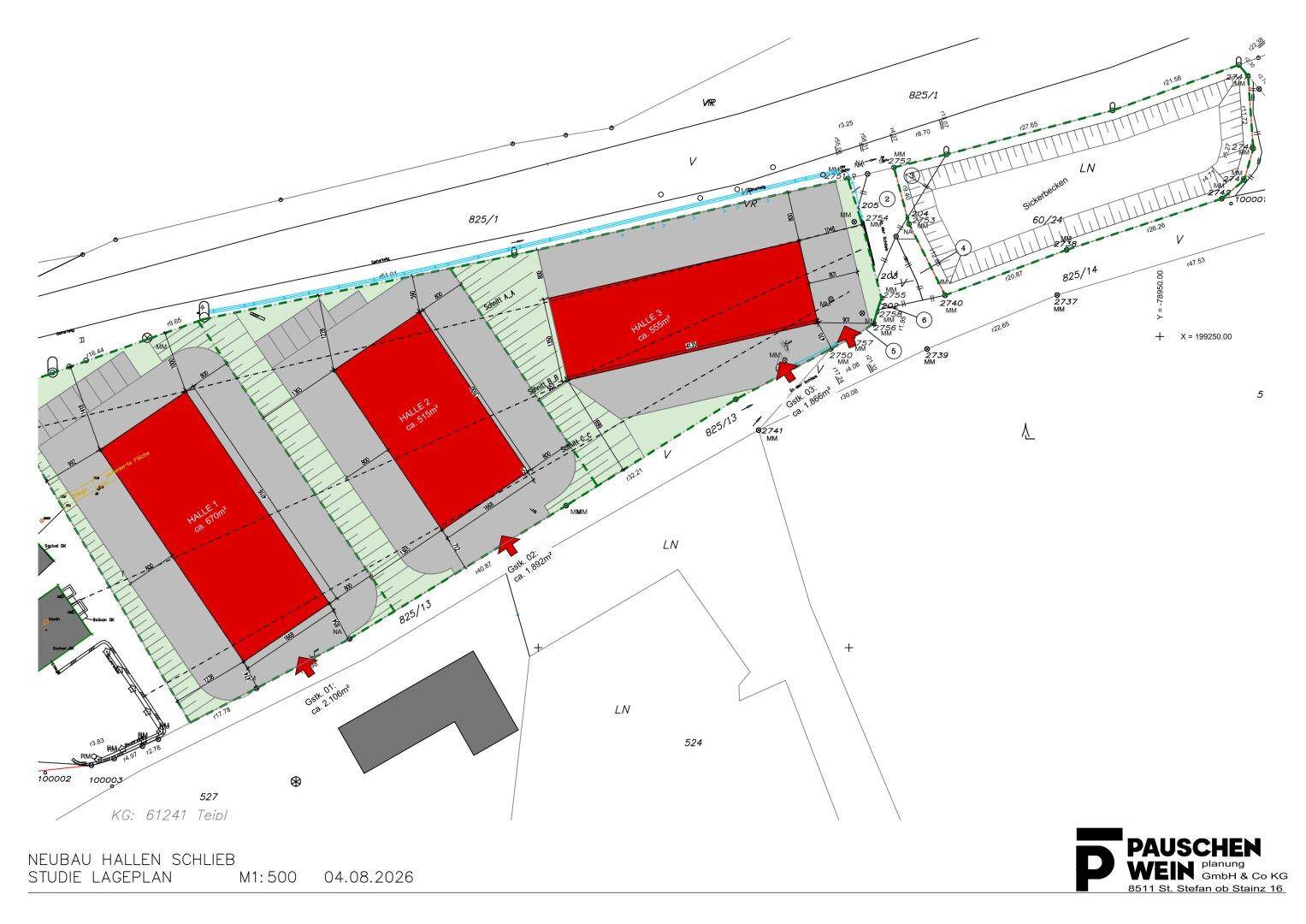 Lageplan für den Neubau von Hallen mit eingezeichneten Gebäuden und Parkflächen.