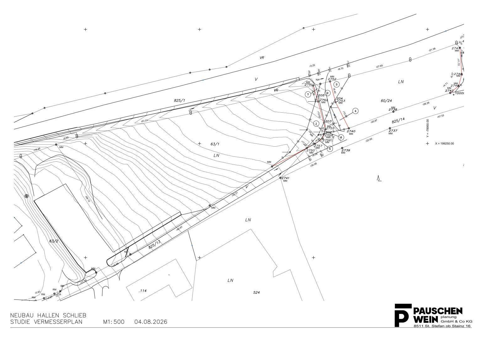 Vermessungsplan des Geländes mit Höhenlinien und bestehenden Strukturen für den Neubau.