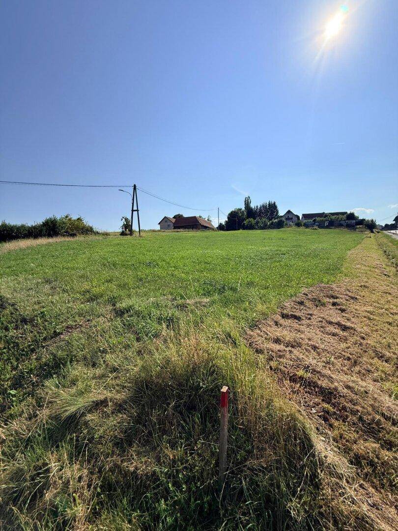 Weitläufiges grünes Feld mit einem roten Markierungspfahl, Häusern und Bäumen in der Ferne.