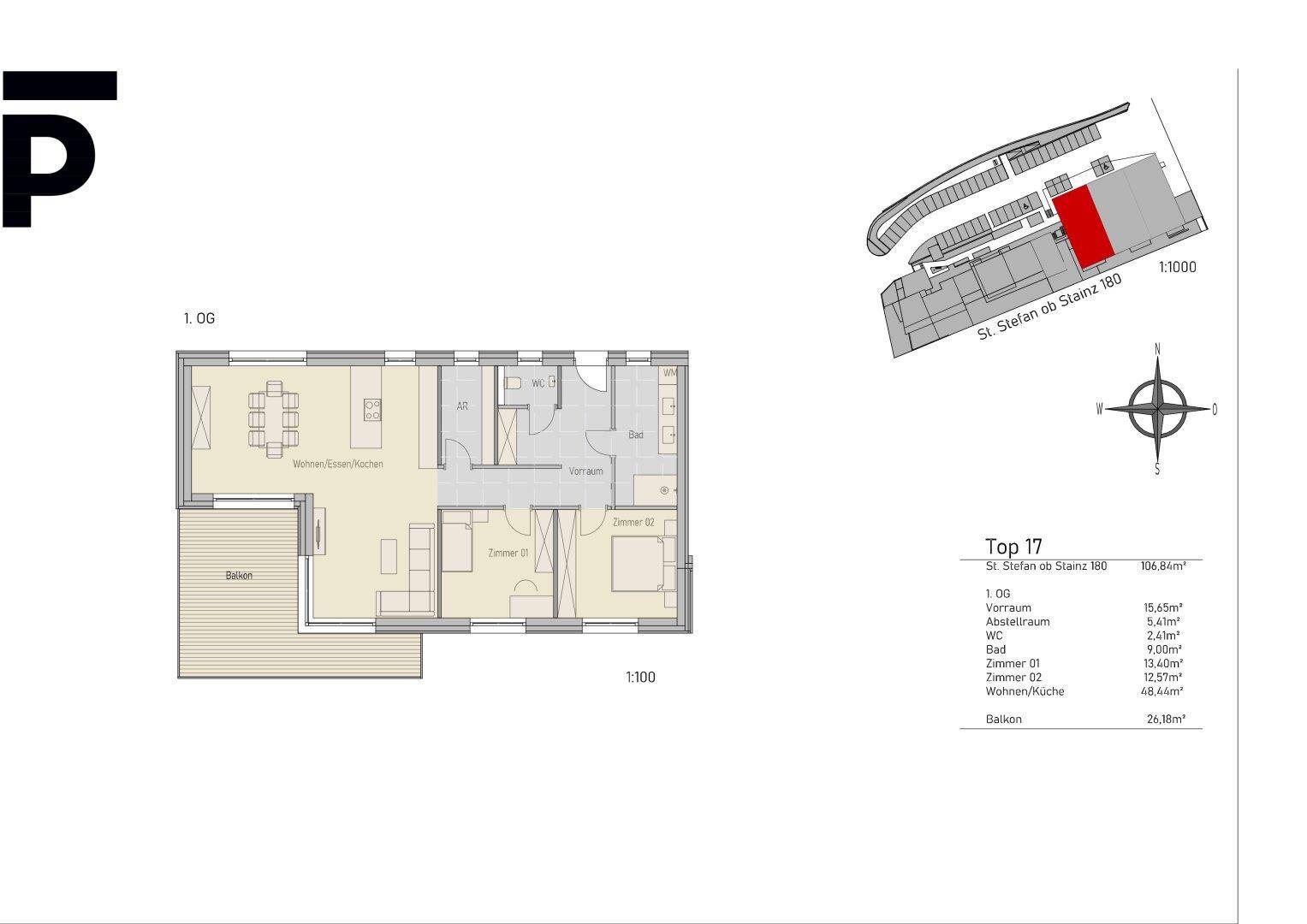 Grundriss der Wohnung Top 17 mit drei Zimmern, Wohnküche und großem Balkon.