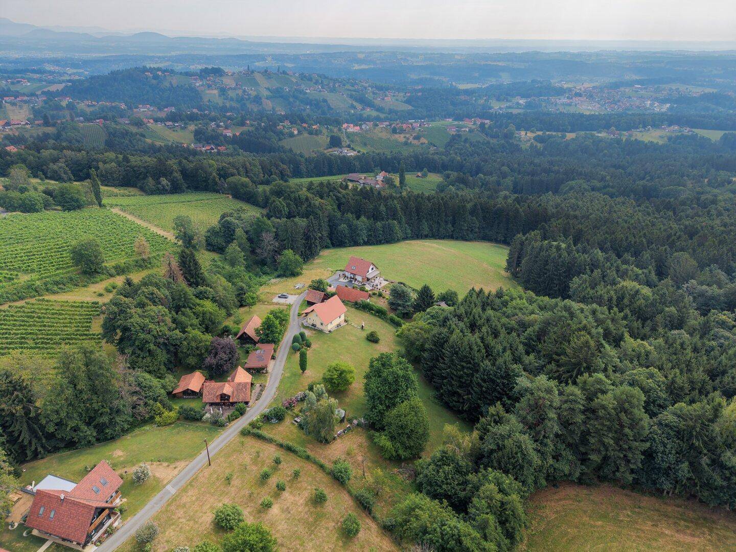 Luftaufnahme der ländlichen Umgebung mit Wäldern, Feldern und verstreuten Häusern.