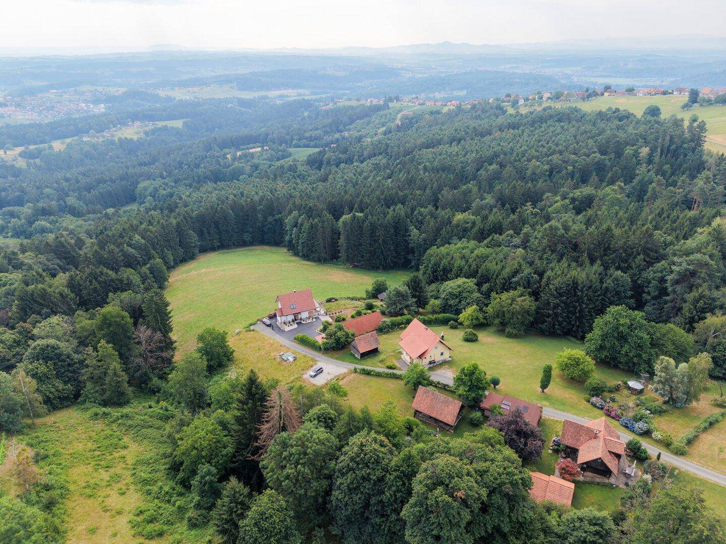 Weitläufige Landschaftsaufnahme mit dichten Wäldern, grünen Wiesen und einzelnen Gehöften.