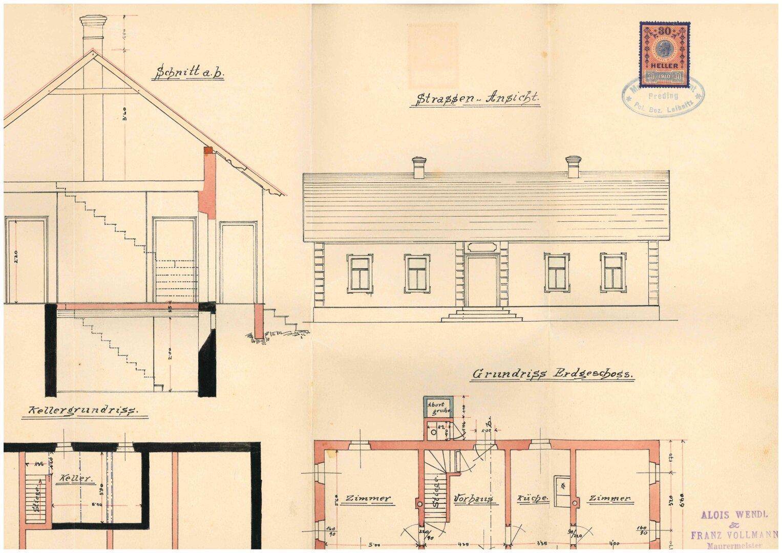 Historischer Grundriss und Schnitt eines Gebäudes mit Keller und Erdgeschoss.