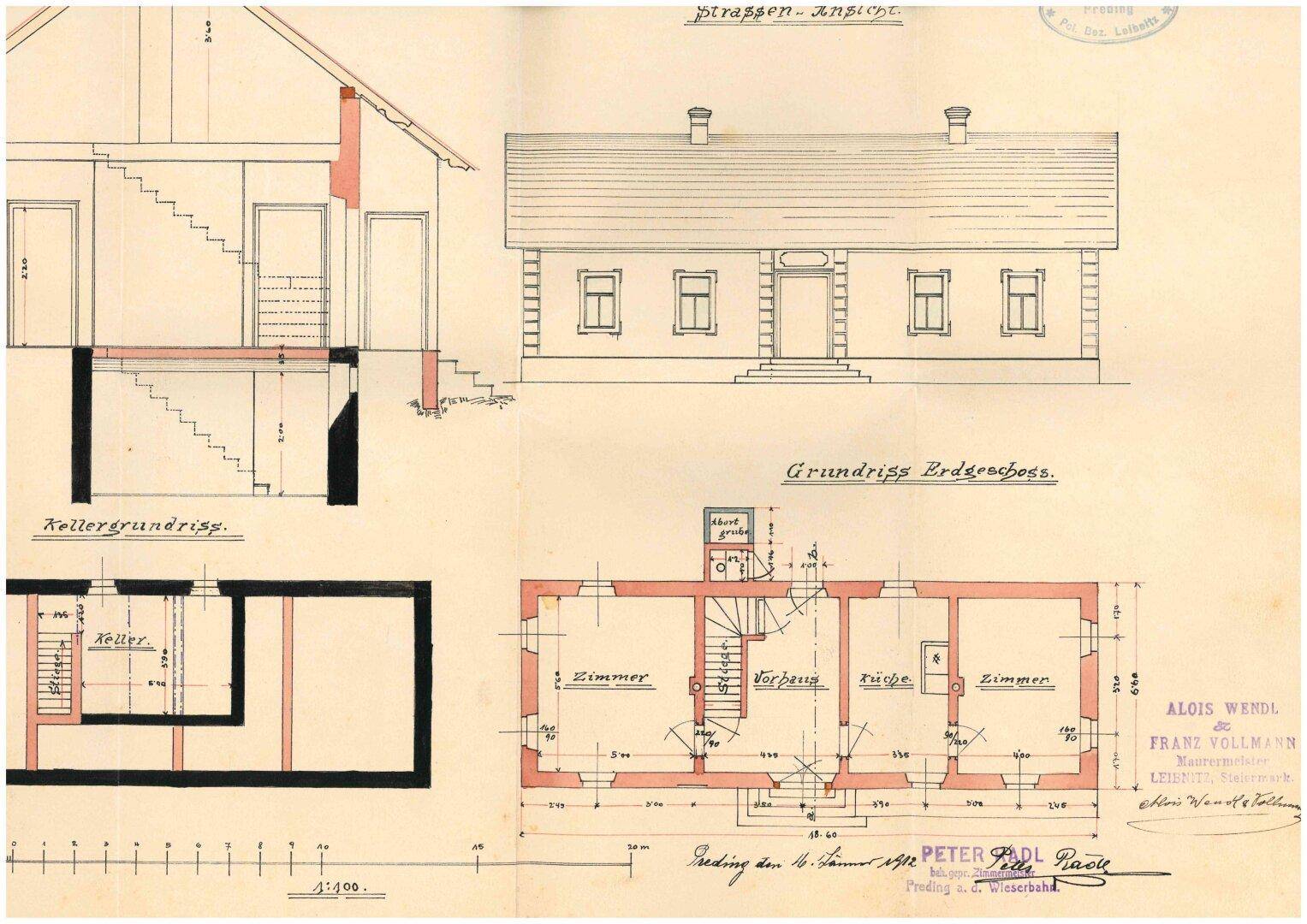 Detaillierter historischer Bauplan mit Grundrissen für Keller und Erdgeschoss sowie Fassadenansicht.