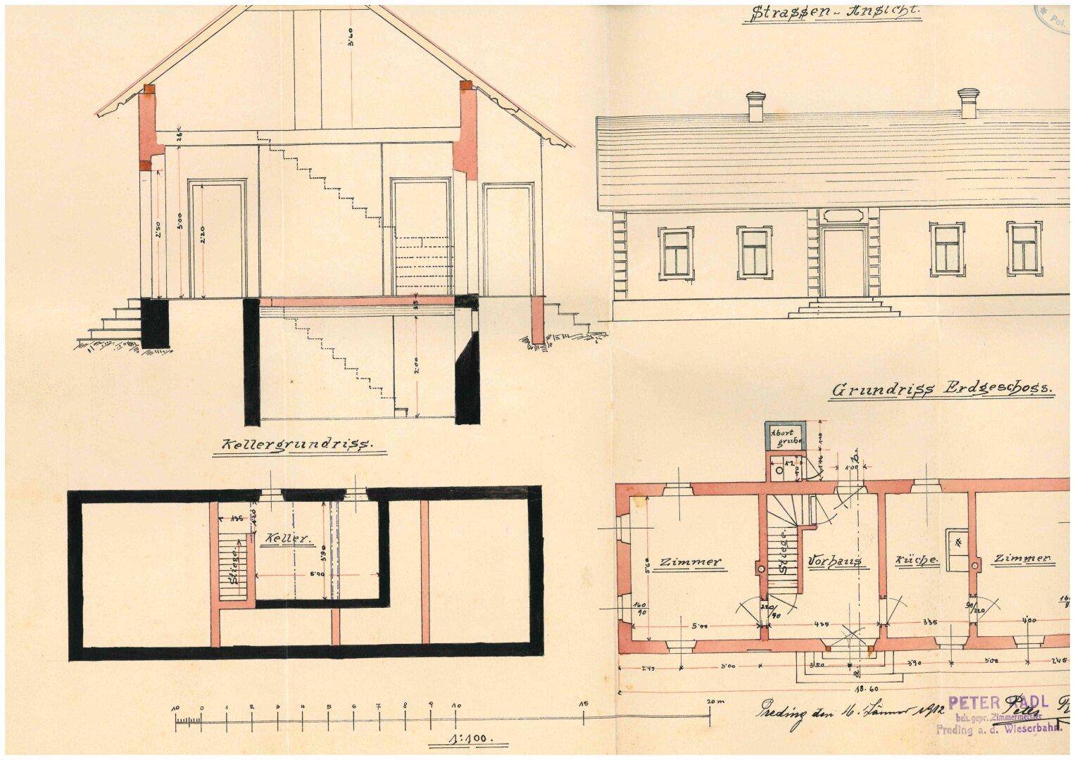 Historische Bauzeichnung eines Hauses mit Schnitt, Straßenansicht und Grundrissen.