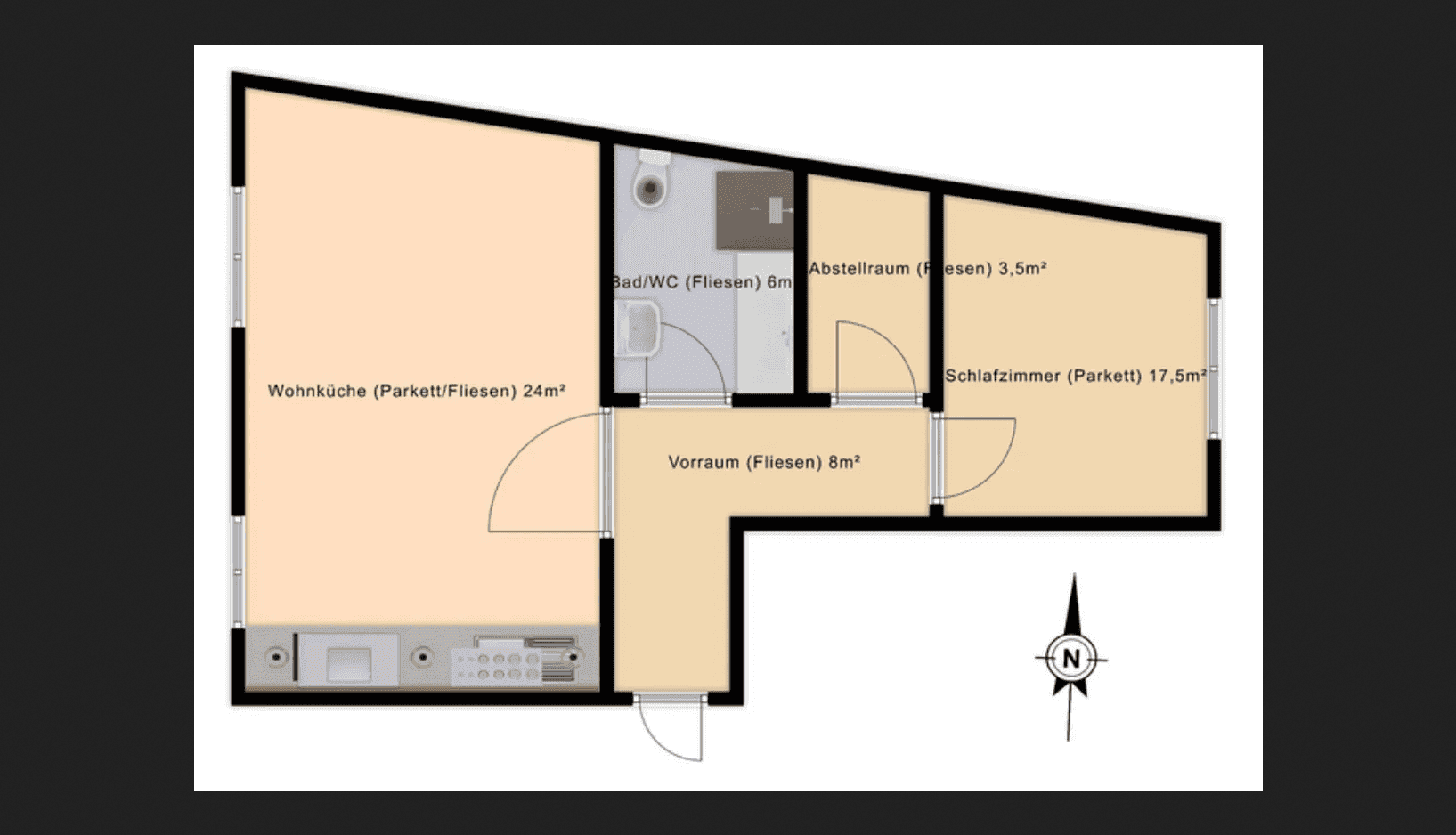 Grundriss einer Wohnung mit Wohnküche, Bad, Abstellraum und Schlafzimmer.