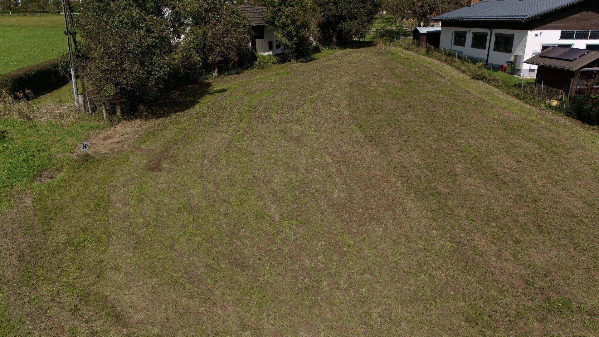 Blick über ein großes, grasbewachsenes Grundstück mit angrenzenden Häusern im Hintergrund und Solaranlage.