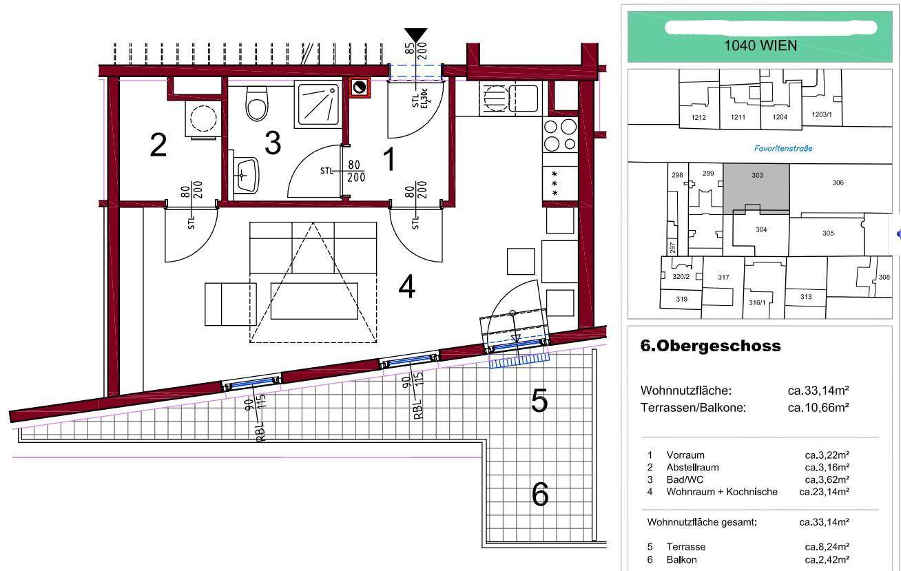 Grundriss einer Wohnung mit offenem Wohnbereich, separatem Bad, Abstellraum, Terrasse und Balkon.