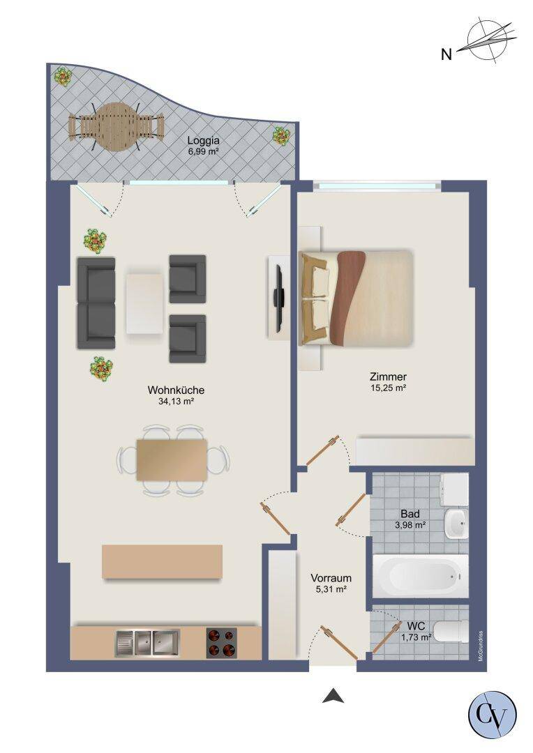Grundriss einer Wohnung mit Wohnküche, Schlafzimmer, Bad und Loggia.