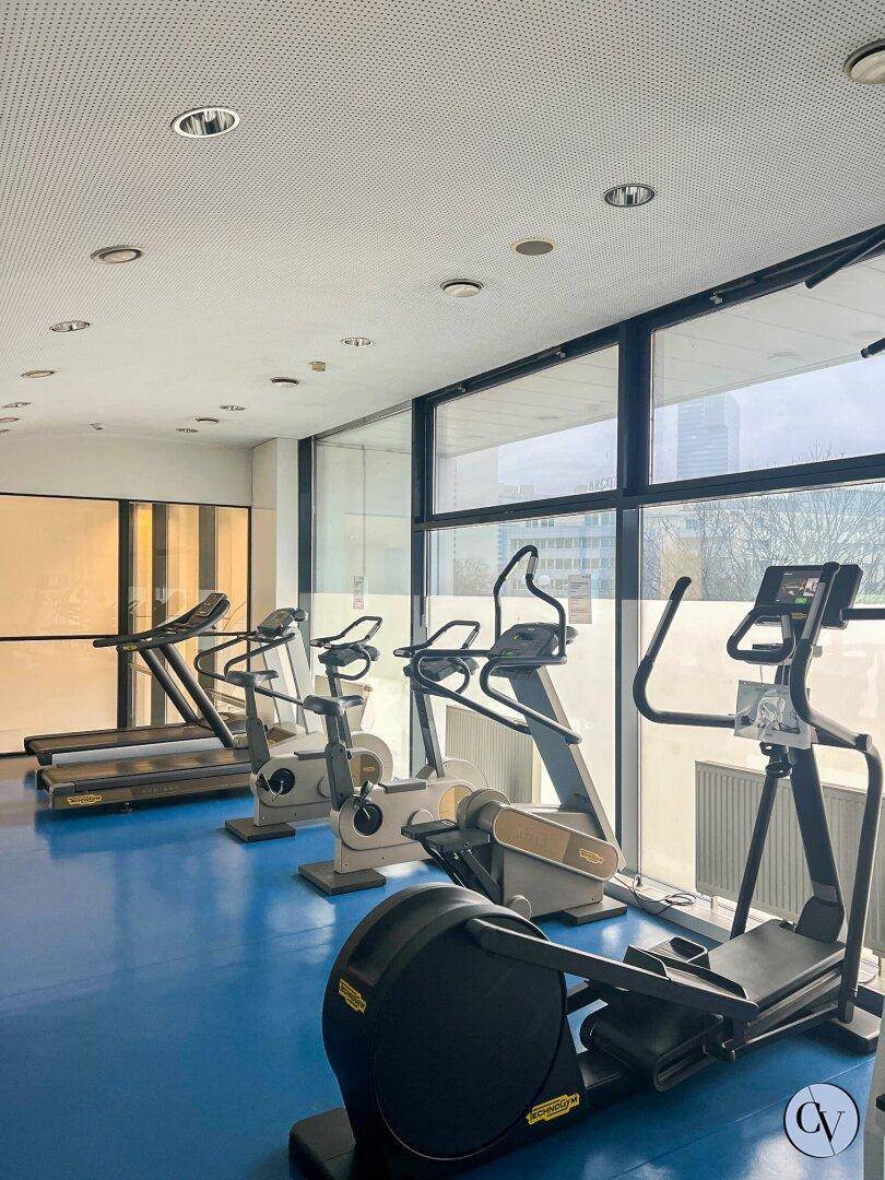 Fitnessraum mit verschiedenen Trainingsgeräten und großen Fenstern für natürliches Licht.