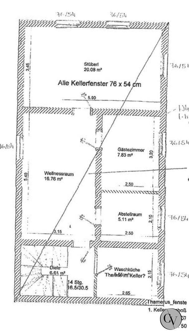 Grundriss des Kellergeschosses mit Wellnessraum, Gästezimmer und Abstellraum.
