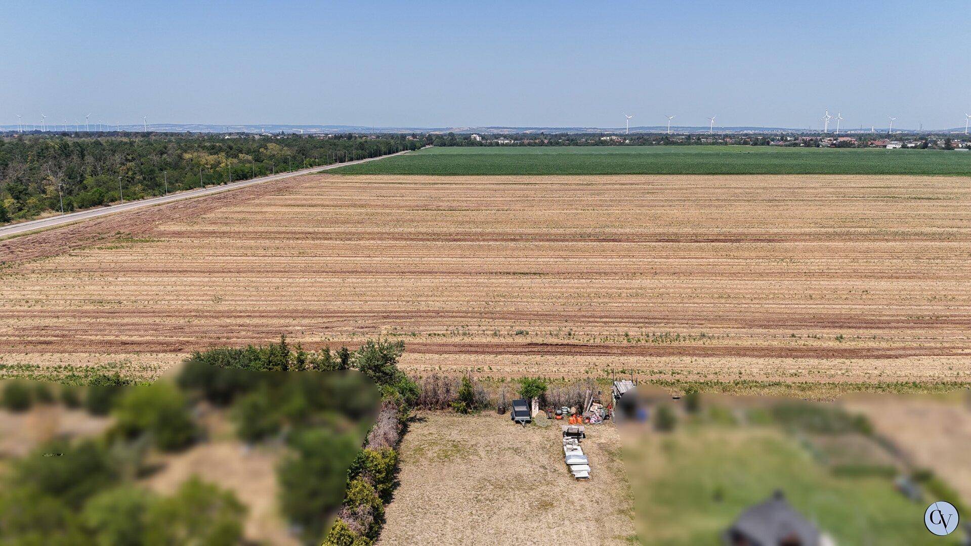 Weitläufige Luftaufnahme der ländlichen Umgebung mit Feldern und Windkraftanlagen am Horizont.