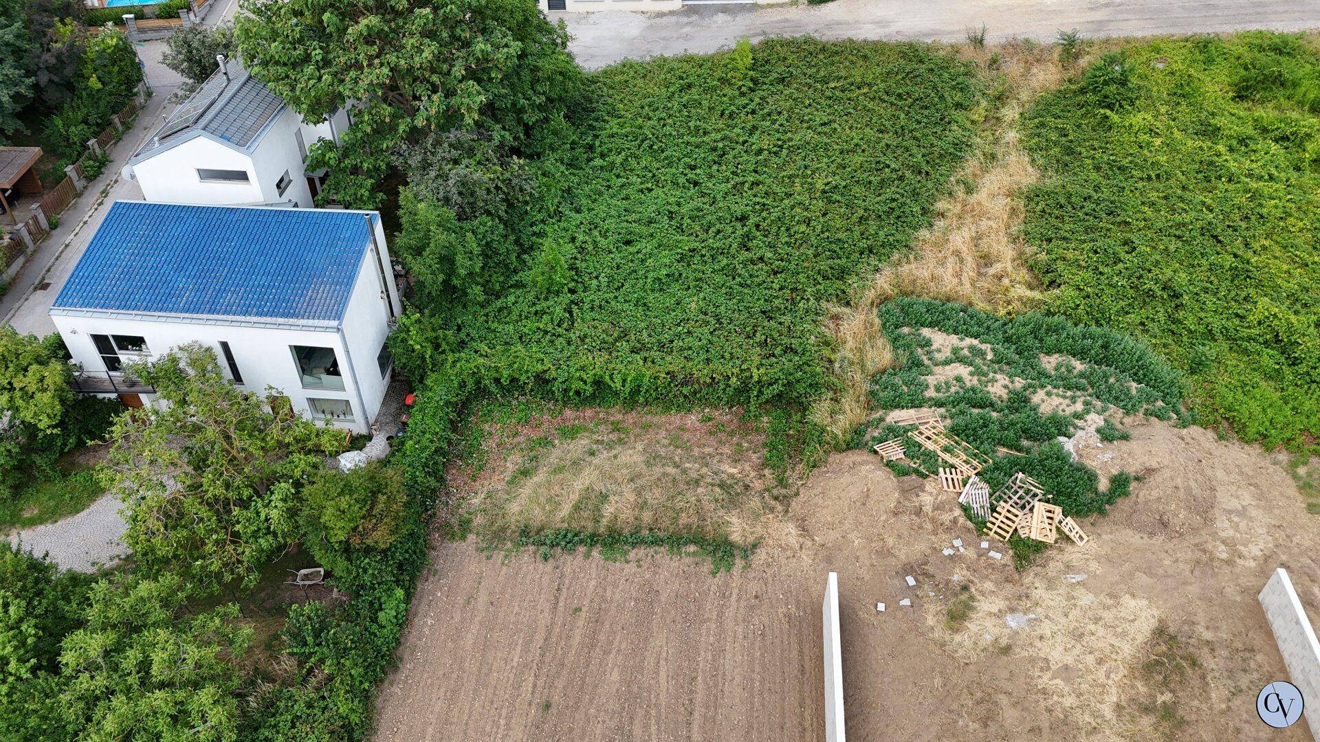 Luftaufnahme eines großen, grünen Grundstücks neben einem Wohnhaus mit blauer Dachbedeckung.