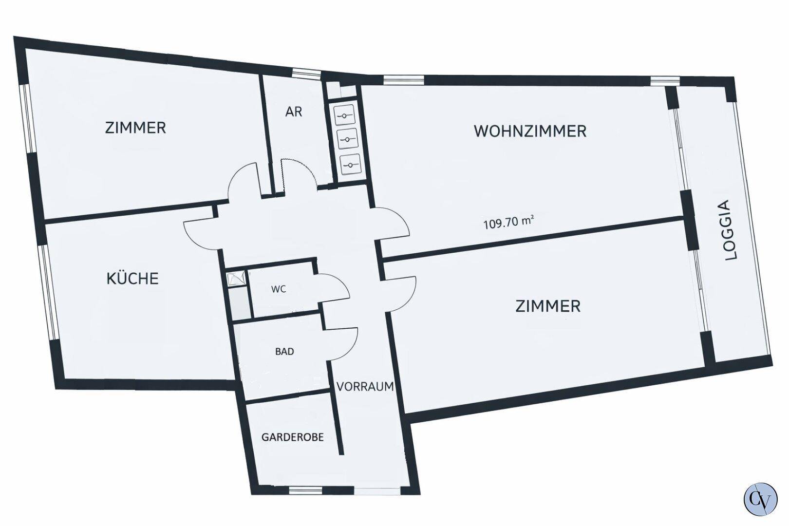 Grundriss einer Wohnung mit Wohnzimmer, separater Küche, Bad, WC, Abstellraum und Loggia.