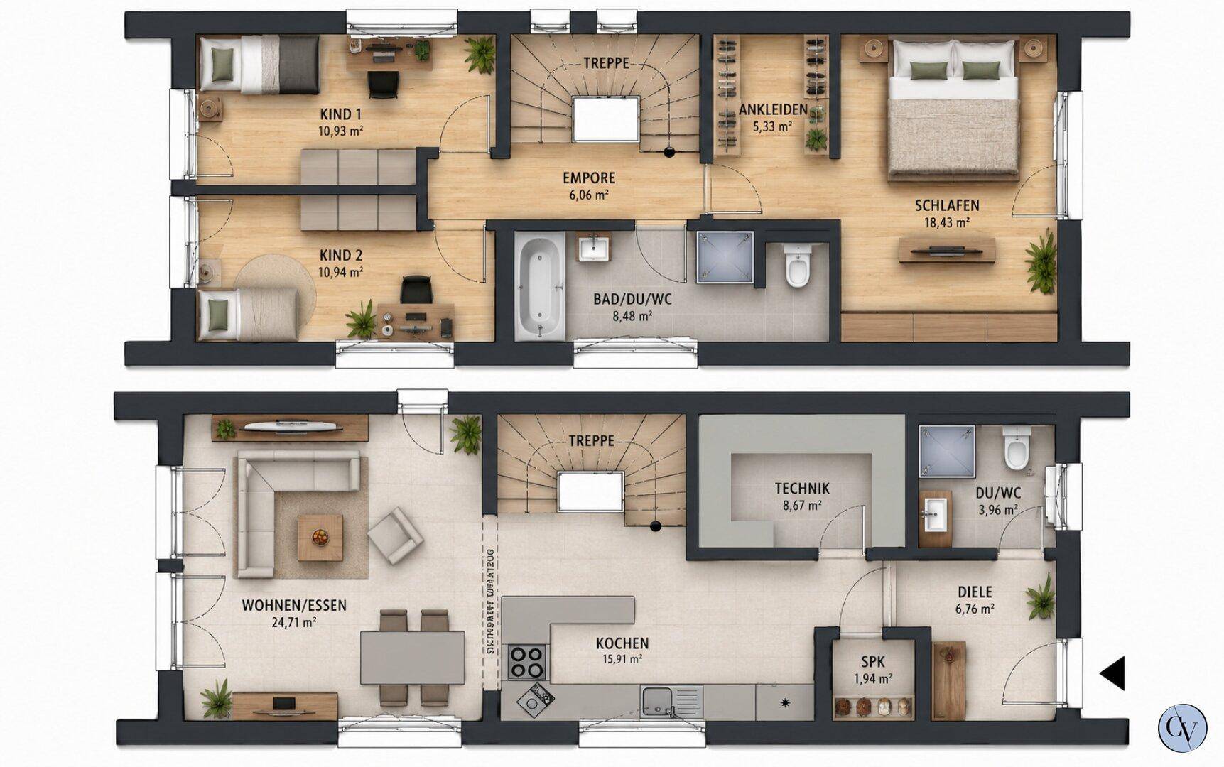 Detaillierter Grundriss eines Hauses mit zwei Etagen, Schlafzimmern, Bädern und offenem Wohnbereich.