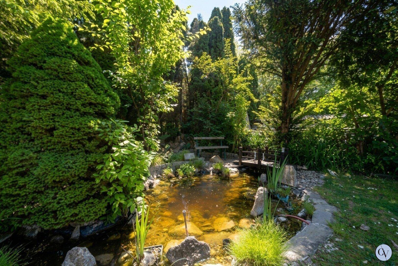Idyllischer Gartenteich mit Steinen und Wasserpflanzen, umgeben von üppigem Grün und Bäumen.