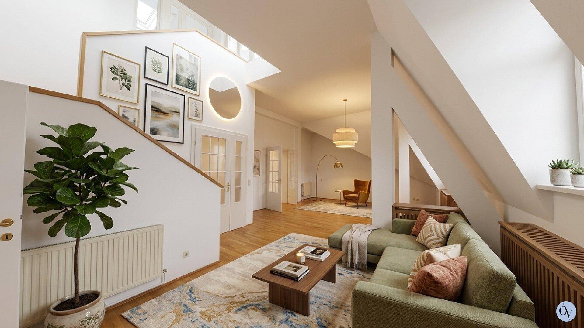 Gemütliches Wohnzimmer mit Dachschrägen, Holzboden und moderner Einrichtung.